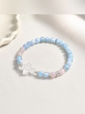 Handmade Natural Blue Aquamarine Bracelet 6mm with Clear Quartz Cross for 1piece